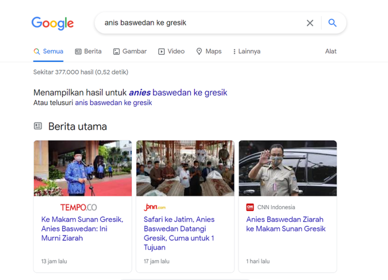 Tangkapan layar google.com untuk pencarian dengan kalimat anis baswedan ke gresik.